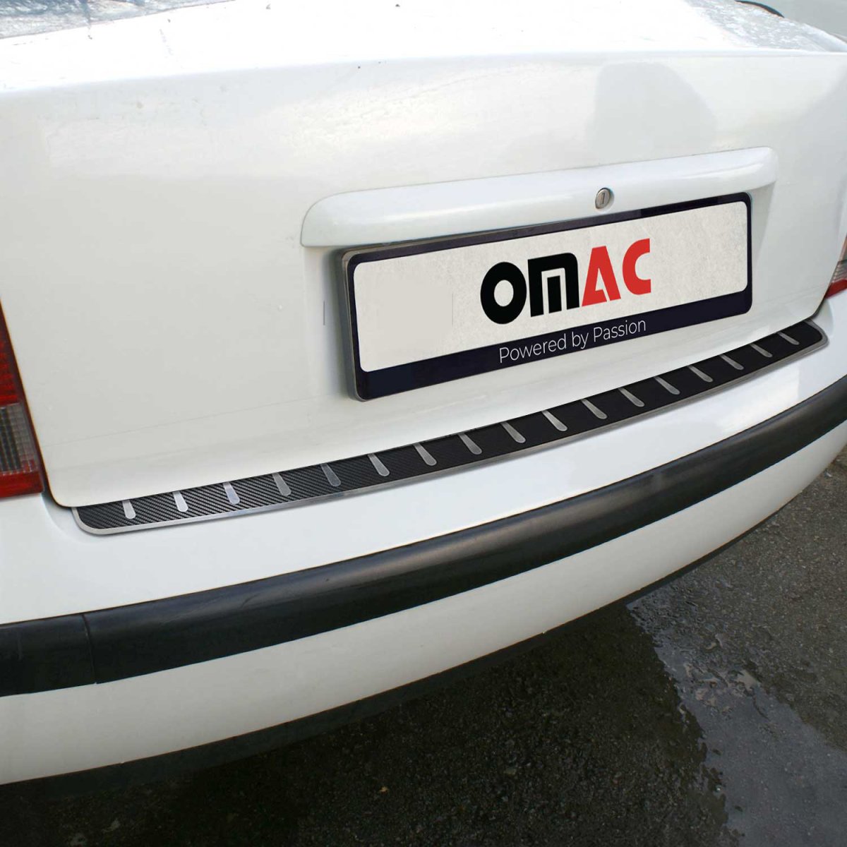 Volkswagen Passat Rear Bumper Sill Cover - Omac - S. Steel + Carbon Foiled - Gloss Silver - '02-'05